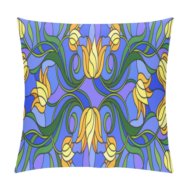 Personality  Illustration In Stained Glass Style With Flowers, Leaves And Buds Of Yellow Tulips On A Blue Background, Symmetrical Image, Horizontal Orientation Pillow Covers