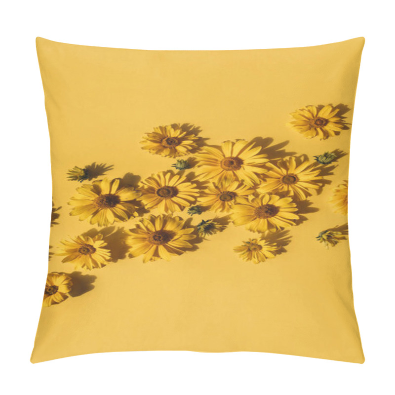 Personality  Flat Lay Yellow Daisy Flower Buds On Yellow Background. Top View. Pillow Covers