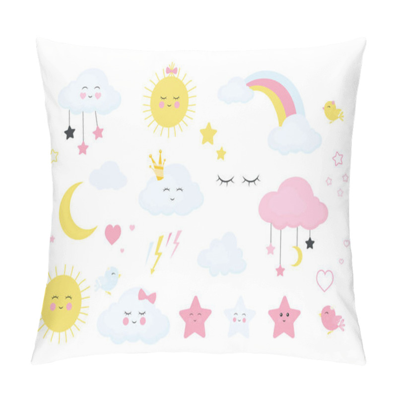 Personality  Set Of Cute And Funny Weather Signs And Icons Isolated On White Background. Cartoon Design Colorful Illustration Of A Rainbow Stars Thunder Moon Sun Rain Clouds Lashes The Star Bird. Vector Graphics Pillow Covers