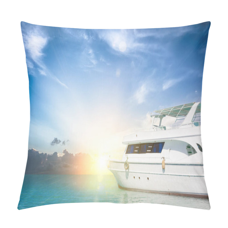 Personality  Yacht In Clear Sea Vith View At Sunset Pillow Covers