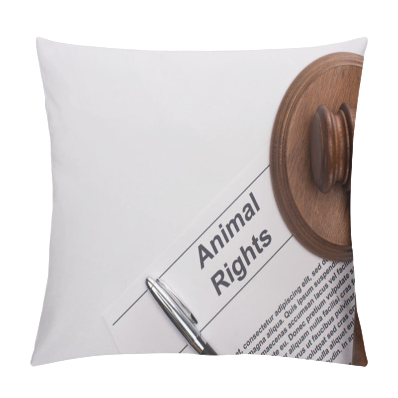 Personality  Top View Of Animal Rights Inscription, Judge Gavel And Pen On White Background Pillow Covers