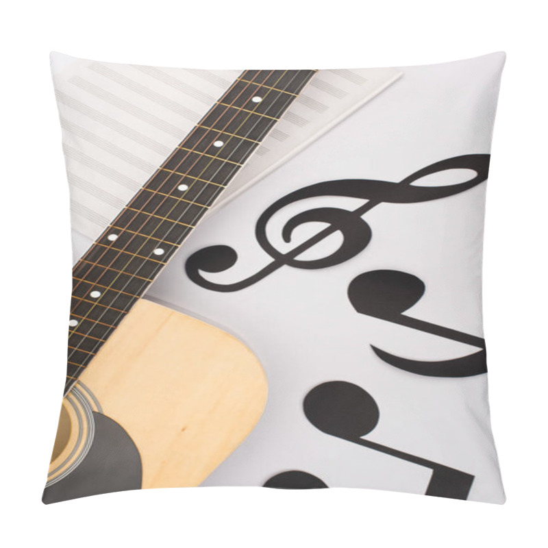 Personality  Top View Of Paper Cut Notes Near Music Book With Acoustic Guitar On White Background Pillow Covers