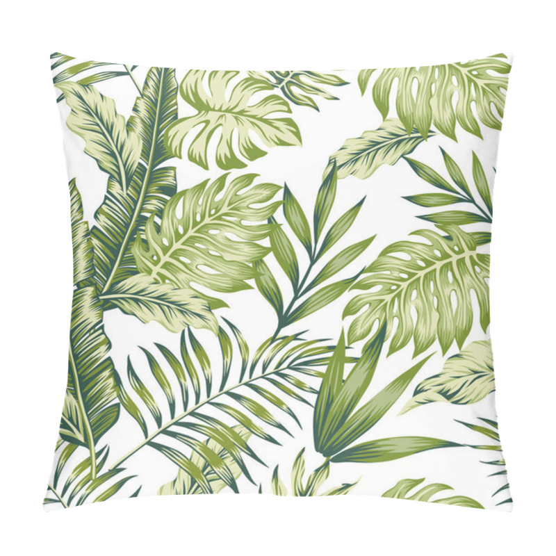 Personality  Pastel Green Tropical Jungle Leaves Palm Banana White Background Seamless Pattern Composition Pillow Covers