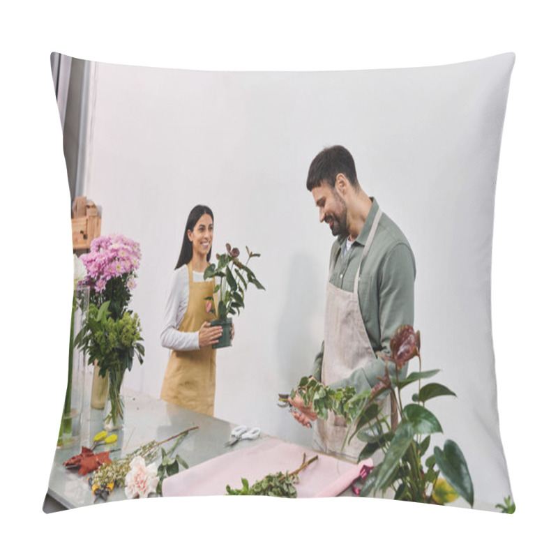 Personality  Couple Collaborates On Floral Arrangements While Managing Their Small Business In A Cozy Shop. Pillow Covers