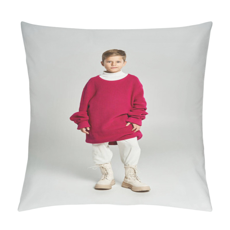 Personality  A Young Boy Stands Proudly, Dressed In Winter Clothing That Combines Comfort And Style. Pillow Covers