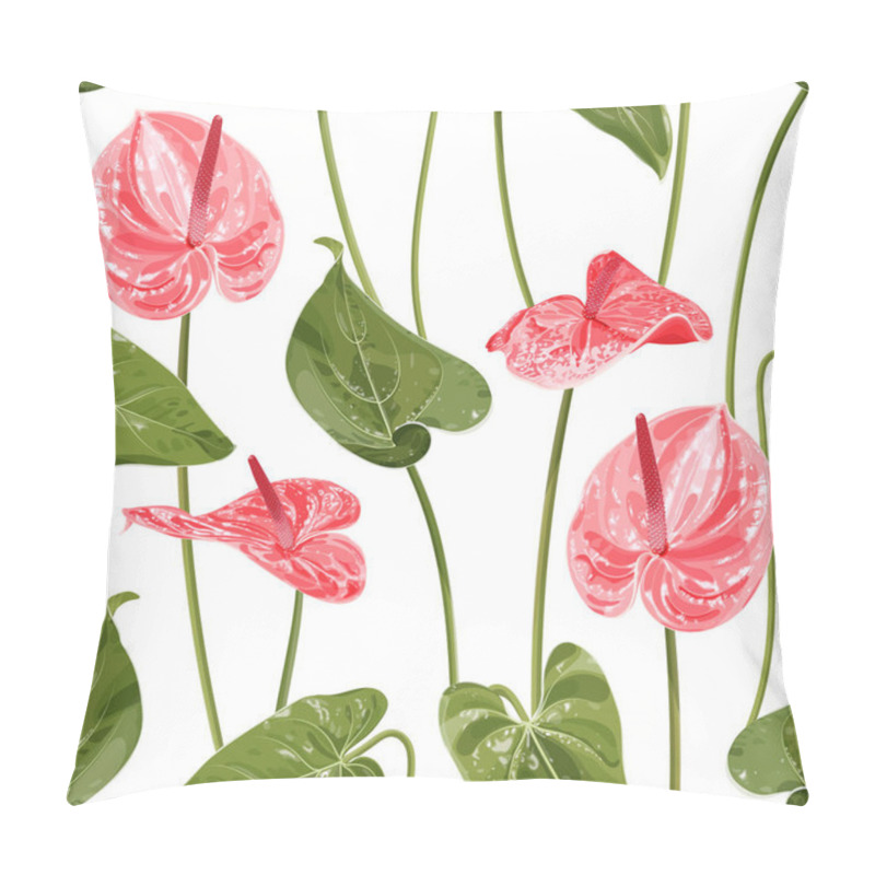 Personality  Anthurium. Seamless Floral Pattern With Pink Glossy Flowers And Anthurium Leaves. Tropical Pattern On A White Background. Stock Vector Illustration. Pillow Covers