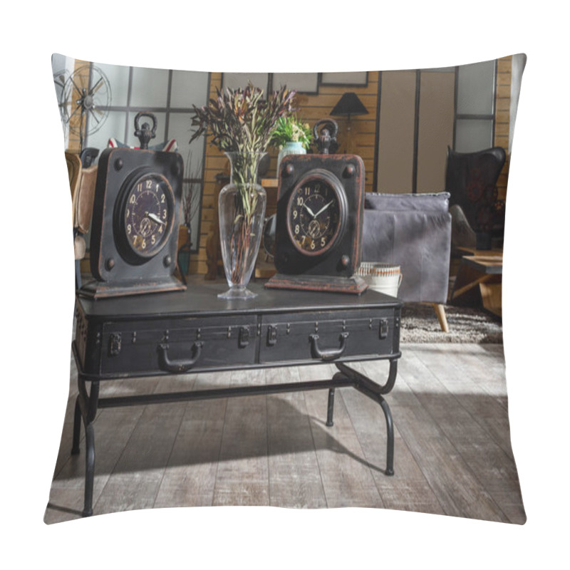 Personality  Interior Of Modern Retro Styled Living Room With Two Clocks And Dried Flowers On Wooden Black Table Pillow Covers