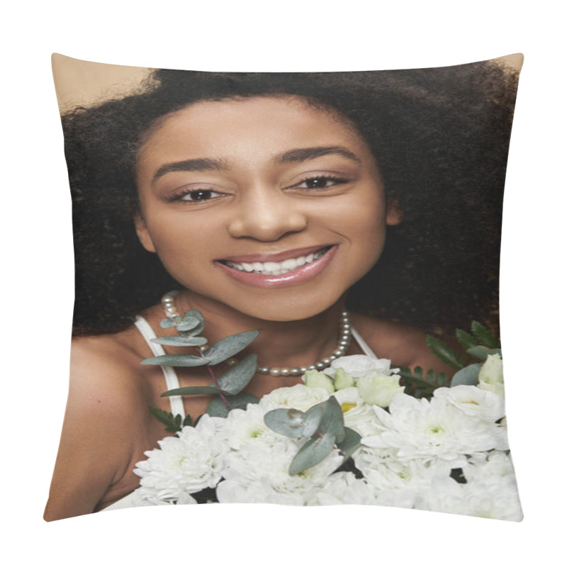 Personality  A Beautiful African American Woman With Natural Makeup Smiles Radiantly While Holding A Bouquet Of White Flowers. Pillow Covers