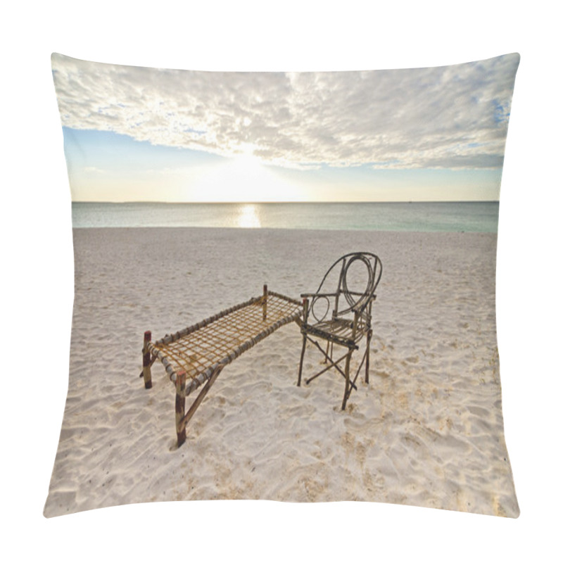 Personality  Old Bamboo Chair And Camp Bed On Sandy Beach Pillow Covers