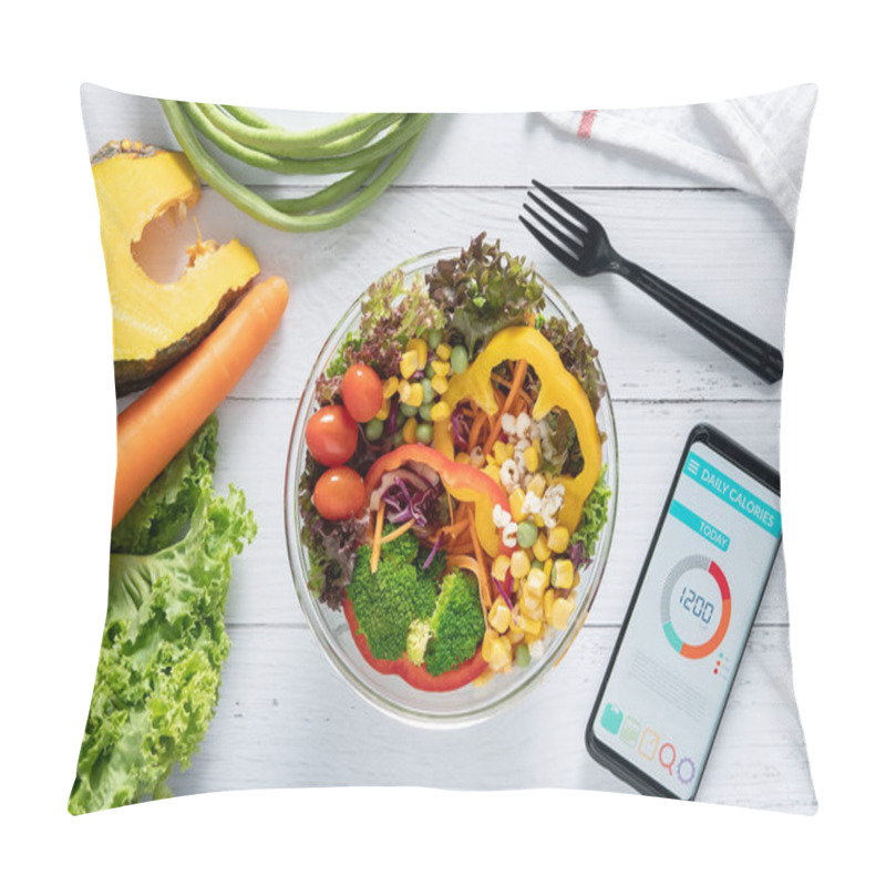 Personality  Calories Counting , Diet , Food Control And Weight Loss Concept. Calorie Counter Application On Smartphone Screen At Dining Table With Salad, Fruit Juice, Bread And Vegetable Pillow Covers