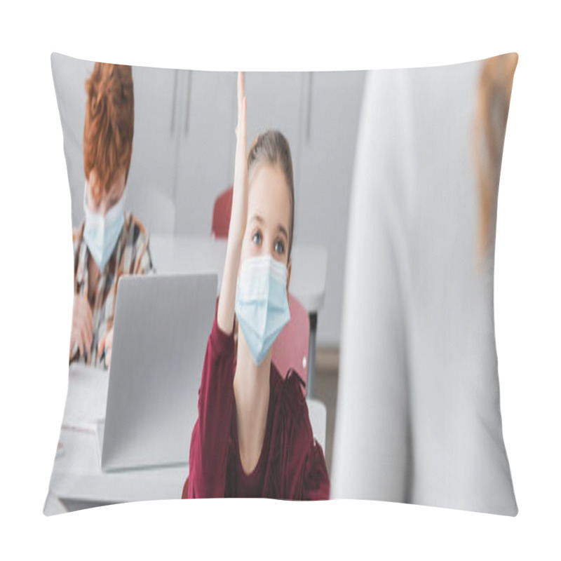 Personality  Schoolgirl In Medical Mask Raisin Hand During Lesson Near Teacher On Blurred Foreground, Banner Pillow Covers