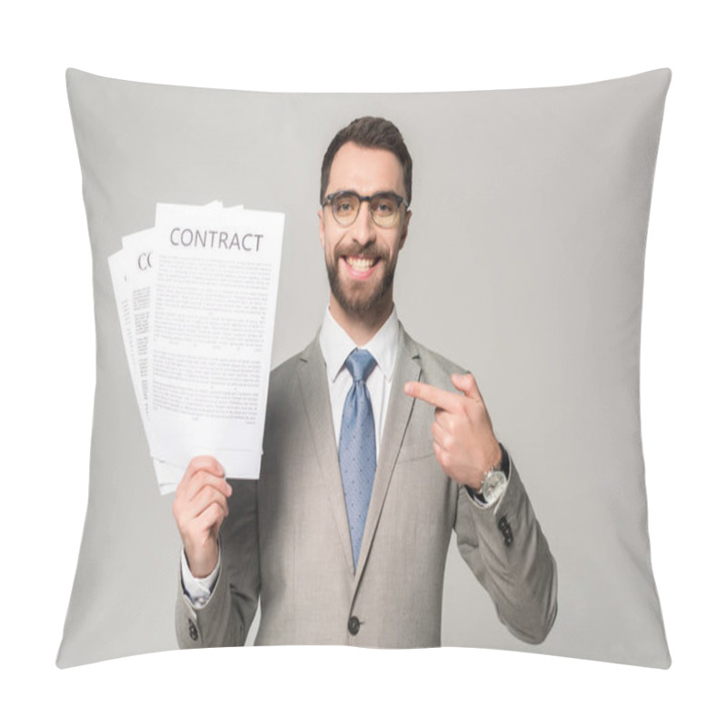 Personality  Smiling Businessman In Glasses Pointing With Finger At Contracts Isolated On Grey Pillow Covers