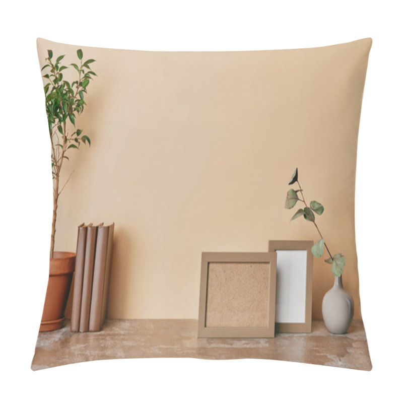 Personality  Plant, Vase With Flower, Books And Photo Frames On Beige Background Pillow Covers