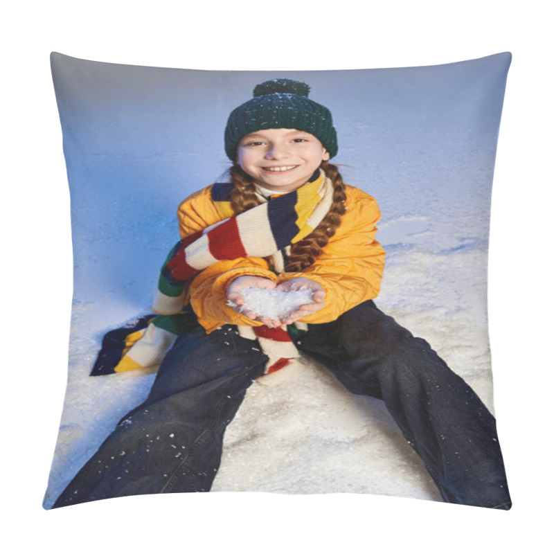 Personality  A Cheerful Girl Dressed Warmly Plays In Fresh Snow, Forming A Heart Shape With Snowflakes. Pillow Covers