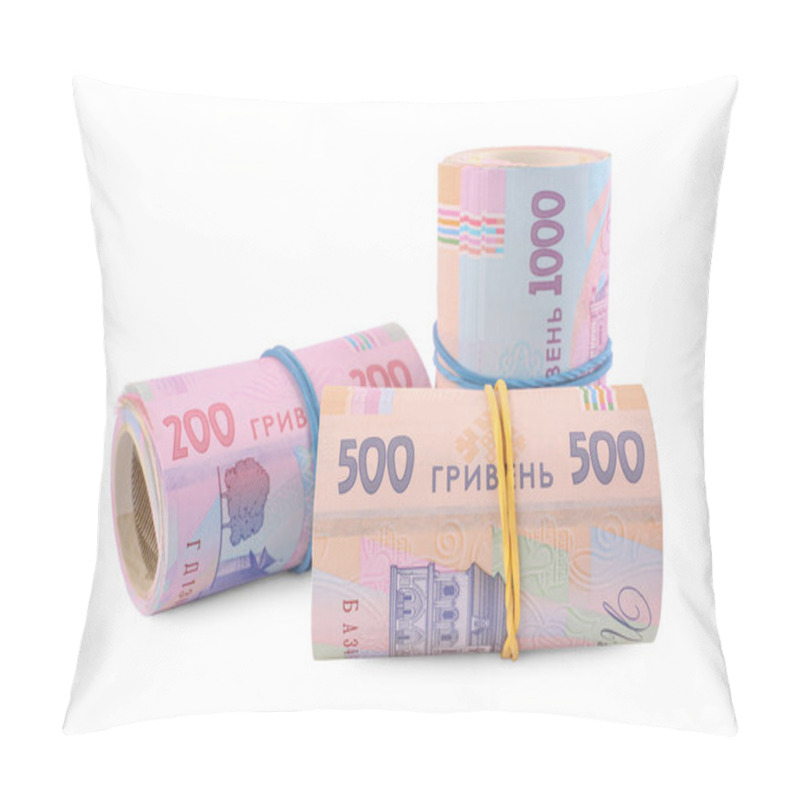 Personality  Rolls Of Ukrainian Money On White Background Pillow Covers