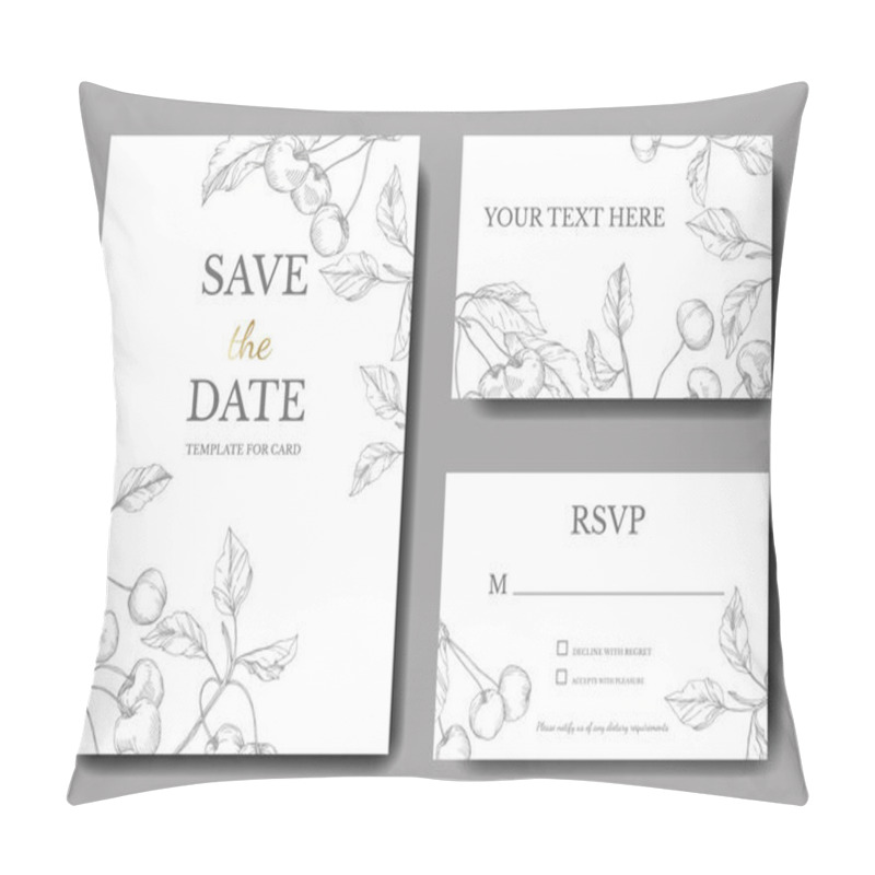 Personality  Vector Cherry Fruits. Silver Engraved Ink Art. Wedding Background Card Floral Decorative Border. Pillow Covers