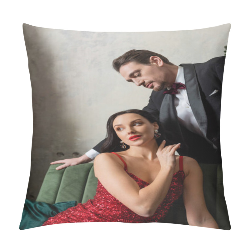 Personality  Handsome Gentleman In Tuxedo Looking At Beautiful Woman In Red Dress Sitting On Sofa, Wealthy Couple Pillow Covers