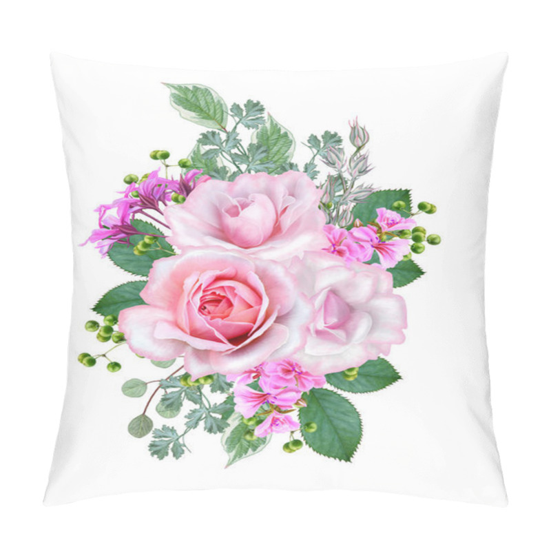 Personality  Floral Background.Bouquet, Composition Of Flowers, Tender Pastel Pink Roses, Berries, Branches, Leaves. Greeting Card, Invitation, Business Card. Isolated On White Background. Pillow Covers