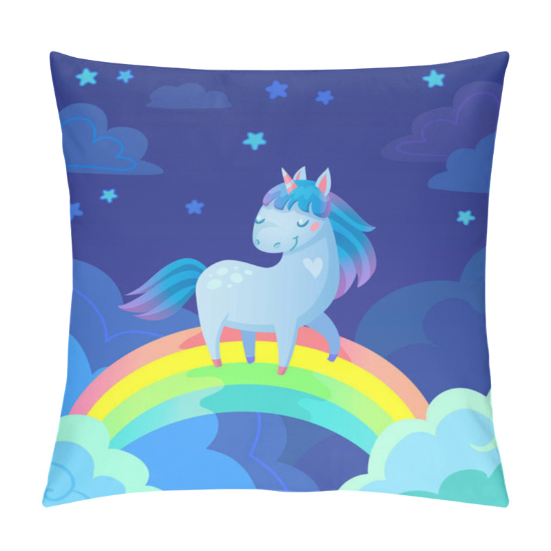 Personality  Cute Vector Illustration Of Unicorn On Rainbow In Night Sky With Stars Pillow Covers