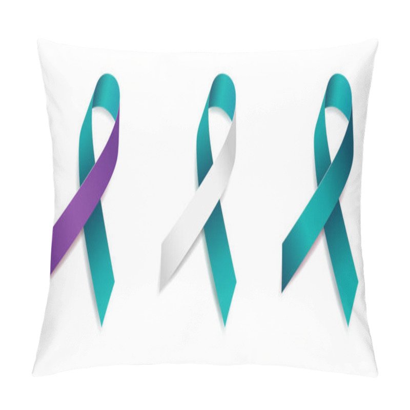 Personality  Set Of Tree Teal Ribbon Awareness Cervical Cancer, Sexual Assault, Polycystic Ovarian Syndrome, Suicide, Domestic Violence, PTSD, Isolated On White Background. Vector Illustration. Pillow Covers