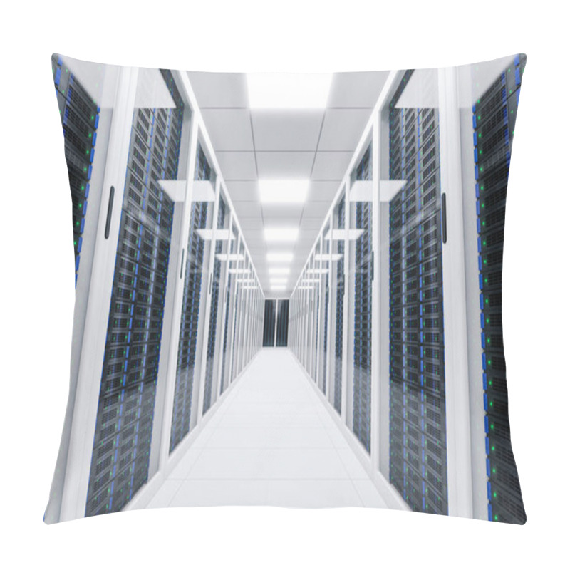 Personality  Contemporary Server Racks In Light Hall With White Floor And Glass Doors In Data Center. 3d Render Pillow Covers