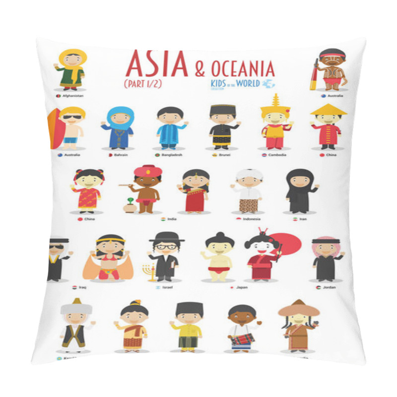 Personality  Kids And Nationalities Of The World Vector: Asia And Oceania Set 1 Of 2. Set Of 24 Characters Dressed In Different National Costumes. Pillow Covers