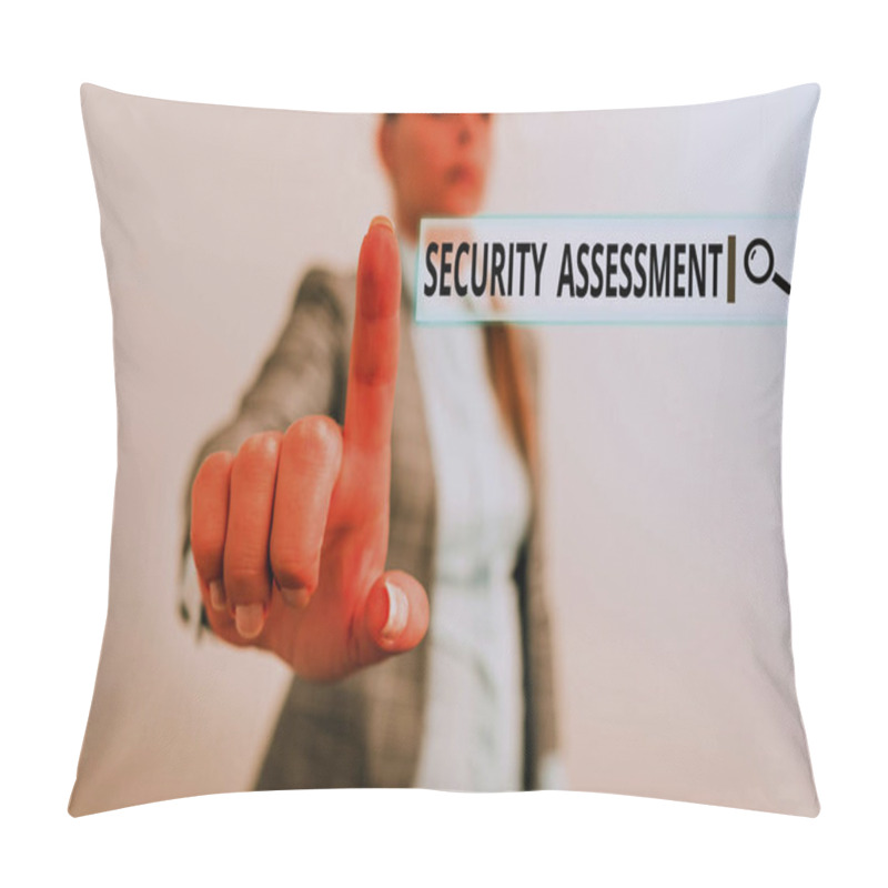 Personality  Conceptual Hand Writing Showing Security Assessment. Business Photo Showcasing Study To Locate IT Security Vulnerabilities And Risks Digital Business Concept With Business Woman. Pillow Covers