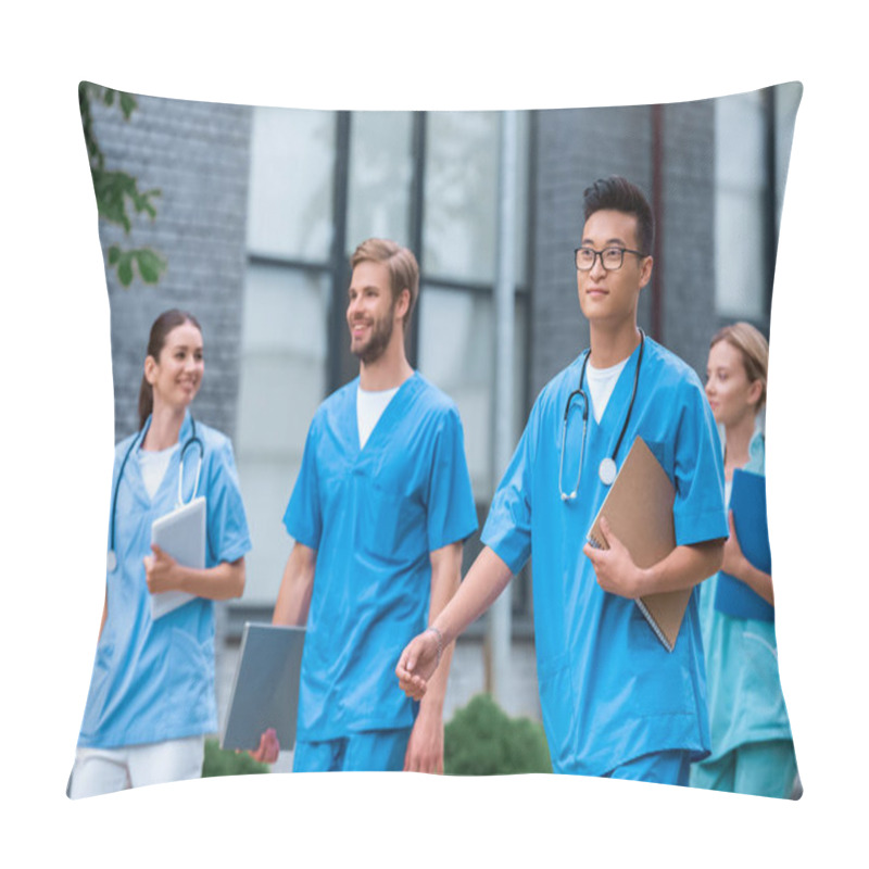 Personality  Cheerful Multicultural Medical Students Walking Near Medical University Pillow Covers