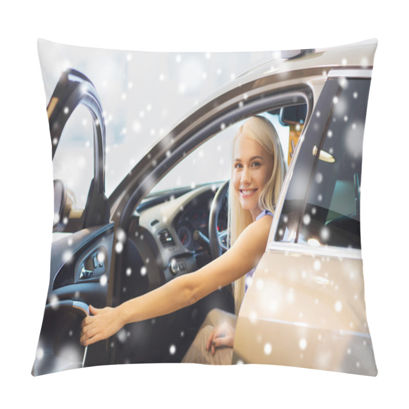 Personality  Happy Woman Inside Car In Auto Show Or Salon Pillow Covers