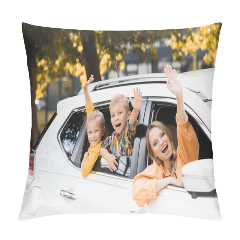 Personality  Smiling Children Waving Hands Near Mother During Travel In Car  Pillow Covers