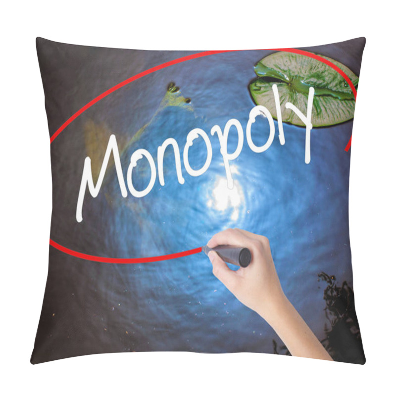 Personality  Woman Hand Writing Monopoly With Marker Over Transparent Board. Pillow Covers