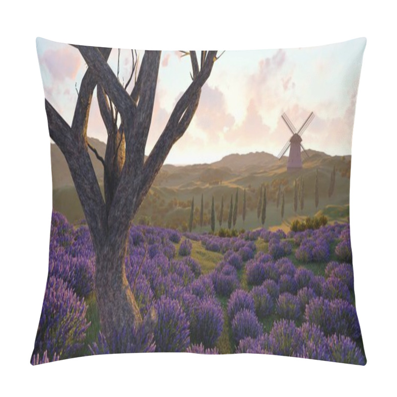 Personality  Lavender Fields With A Solitary Tree 3d Rendering Pillow Covers