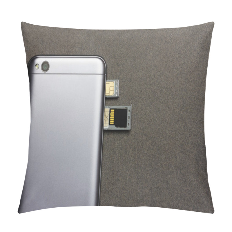 Personality  Adygea, Russia - January 3, 2018: Chinese Smartphone Xiaomi Redmi 5A Silver With Open Slots For Nano SIM Cards, Micro SD Drive Back Side Close Up Top View On Grey Background With Copy Space Pillow Covers