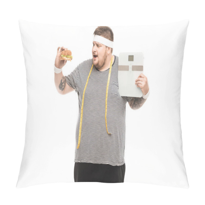 Personality  Man Holding Body Scales And Burger Pillow Covers