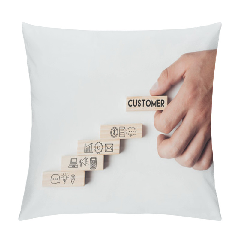 Personality  Cropped View Of Man Holding Wooden Block With Word 'customer' On Top Of Wooden Bricks With Icons Isolated On White Pillow Covers