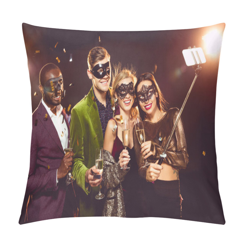 Personality  Glamorous Multicultural Friends In Carnival Masks Taking Selfie On Smartphone Pillow Covers