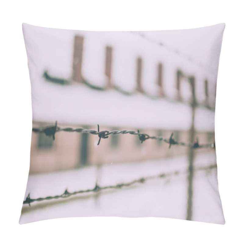 Personality  Closeup Of Barbed Wire Fence Near The Famous Arch Of The Concentration Camp Auschwitz. Pillow Covers