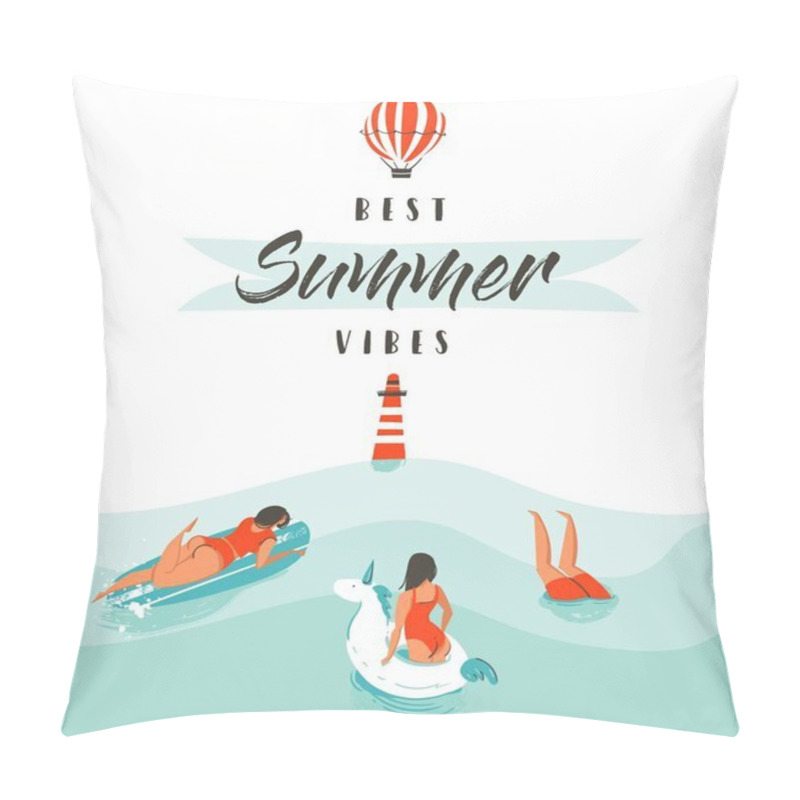 Personality  Hand Drawn Vector Abstract Summer Time Fun Illustration With Swimming Happy People In Water With Lighthouse,hot Air Balloon And Modern Typography Quote Best Summer Vibes Isolated On White Background. Pillow Covers