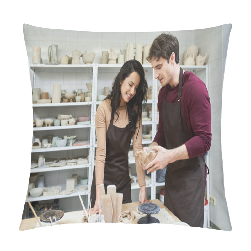 Personality  A Loving Couple Joyfully Molds Clay Together At Their Pottery Studio. Pillow Covers