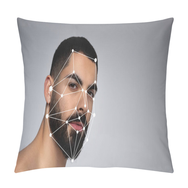 Personality  A Young Man Poses With A Neutral Expression While Facial Recognition Technology Overlays Points On His Face, Highlighting His Features Against A Plain Background. Pillow Covers