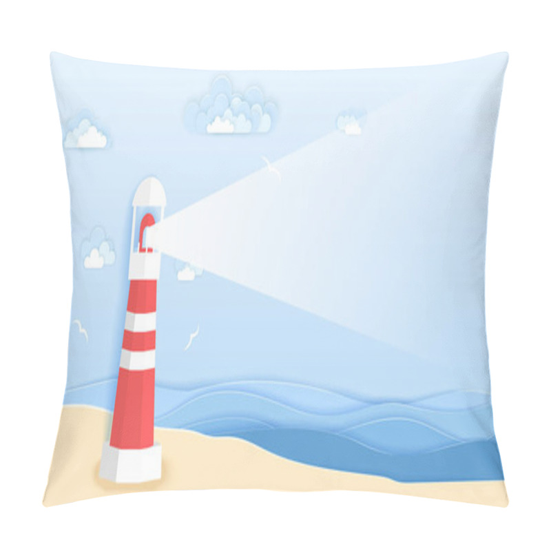 Personality  Lighthouse On Sea Beach In Paper Art Style. Vector Illustration Origami Paper Cut Design. Lighthouse Beam With Copy Space. Pillow Covers