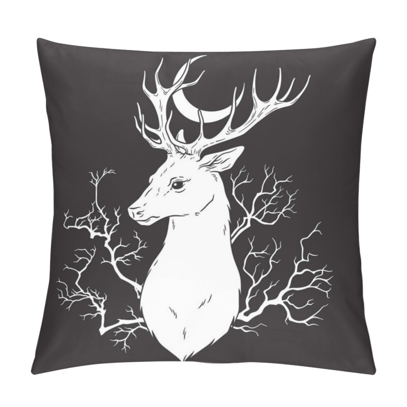 Personality  Hand Drawn Deer In The Forest With Crescent Moon Line Art And Dot Art Print Design Vector Illustration. Pillow Covers