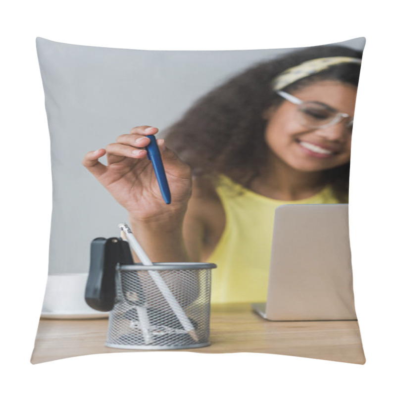 Personality  Selective Focus Of Pen Holder And Happy African American Woman Taking Pen While Using Laptop   Pillow Covers