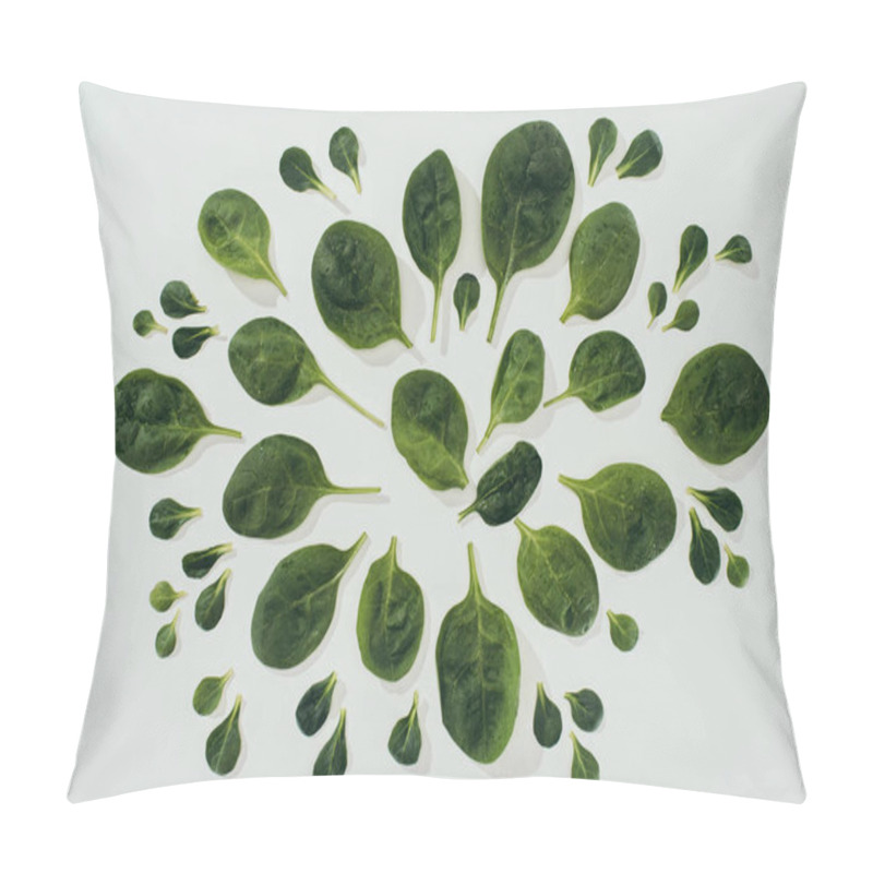 Personality  Top View Of Beautiful Fresh Green Spinach Leaves Of Various Sizes Isolated On Grey Pillow Covers