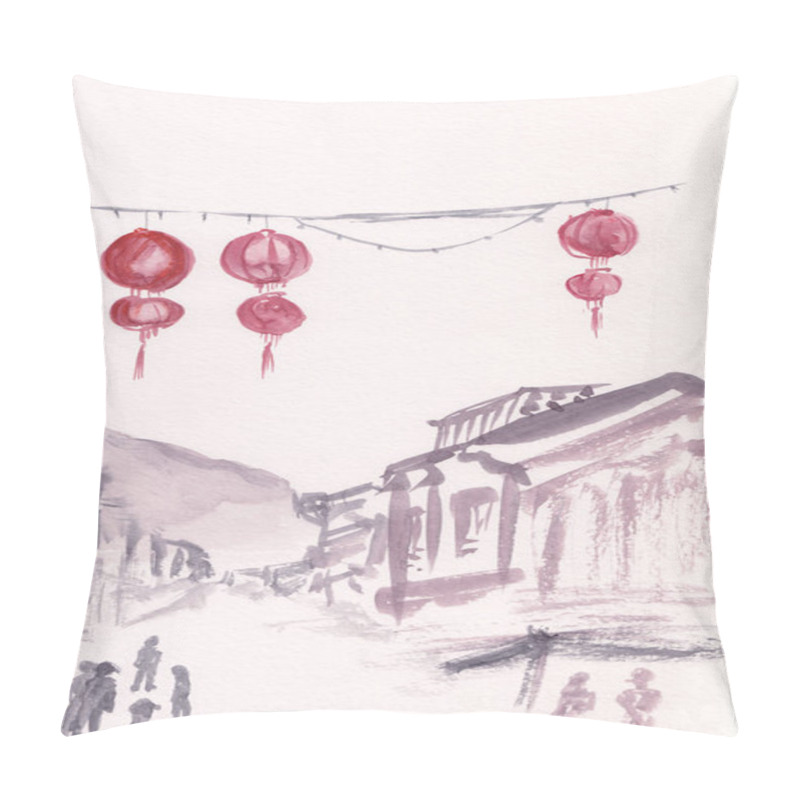 Personality  Watercolor Painting Of Sunday Walking Street On Thalang Road In Phuket, Vietnam Street With Bikes. South East Asian Street View. Sketch Artwork On Paper. Postcard, Decoration, Vertical Background. Pillow Covers