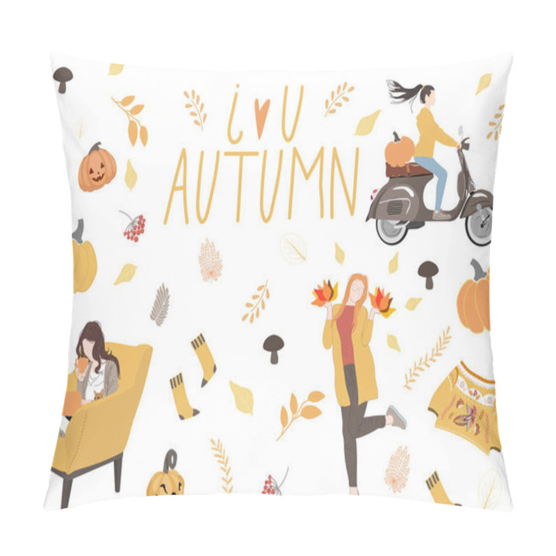 Personality  Vector Set Of Autumn Icons: Sweater, Falling Leaves, Pumpkins, Tea,cute Girls And More Hand Drawn Objects.  Bright Background For Harvest Time. Autumn Greeting Card. Colorful Cartoon Flat Vector. Pillow Covers