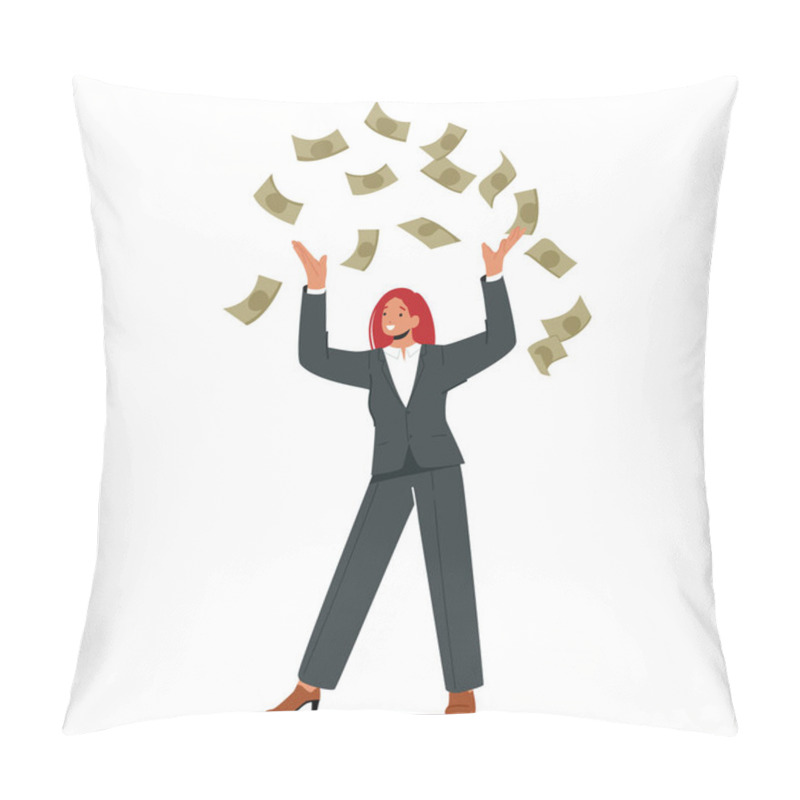 Personality  Successful Businesswoman Millionaire, Financial Growth, Wealth And Prosperity Concept. Rich Business Woman Character Rejoice And Throw Dollar Banknotes In Air. Cartoon Vector Illustration Pillow Covers