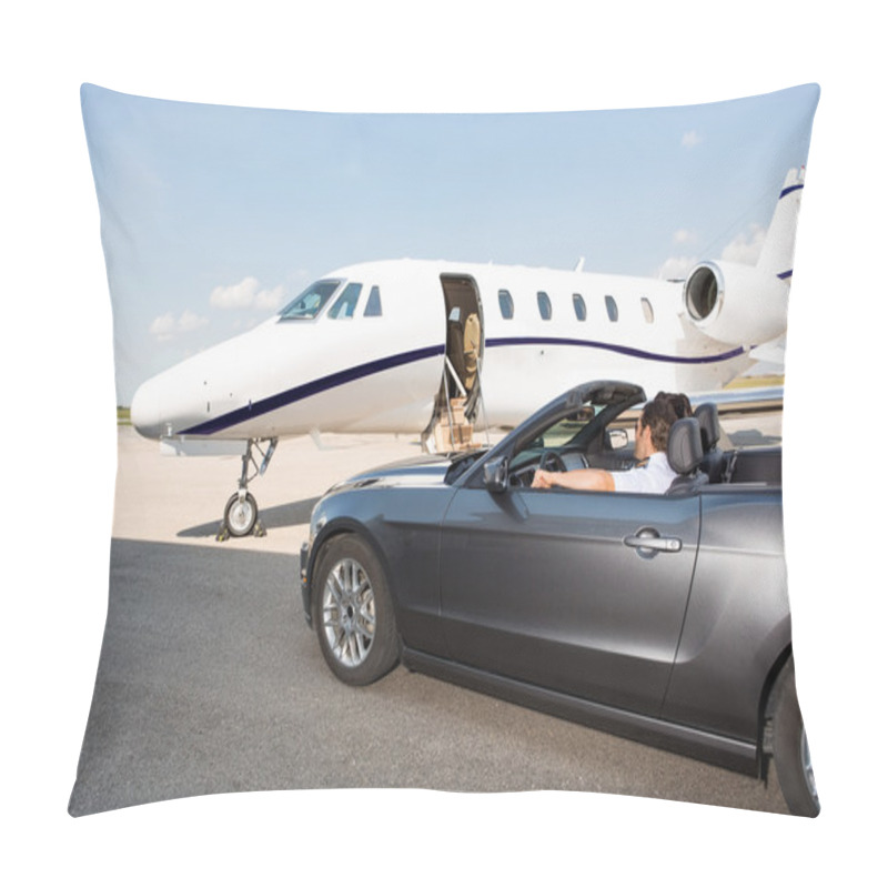 Personality  Pilot In Convertible Parked Against Private Jet Pillow Covers