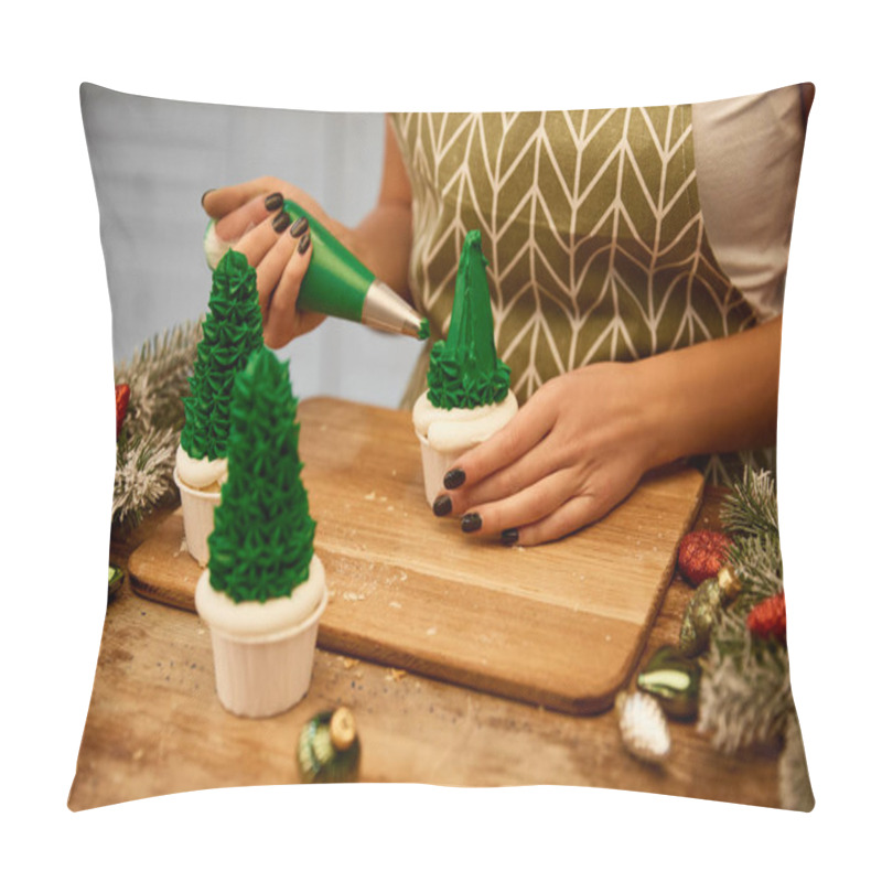 Personality  Cropped View Of Confectioner Making Christmas Tree Cupcakes Beside Spruce Branches And Christmas Balls On Table Pillow Covers