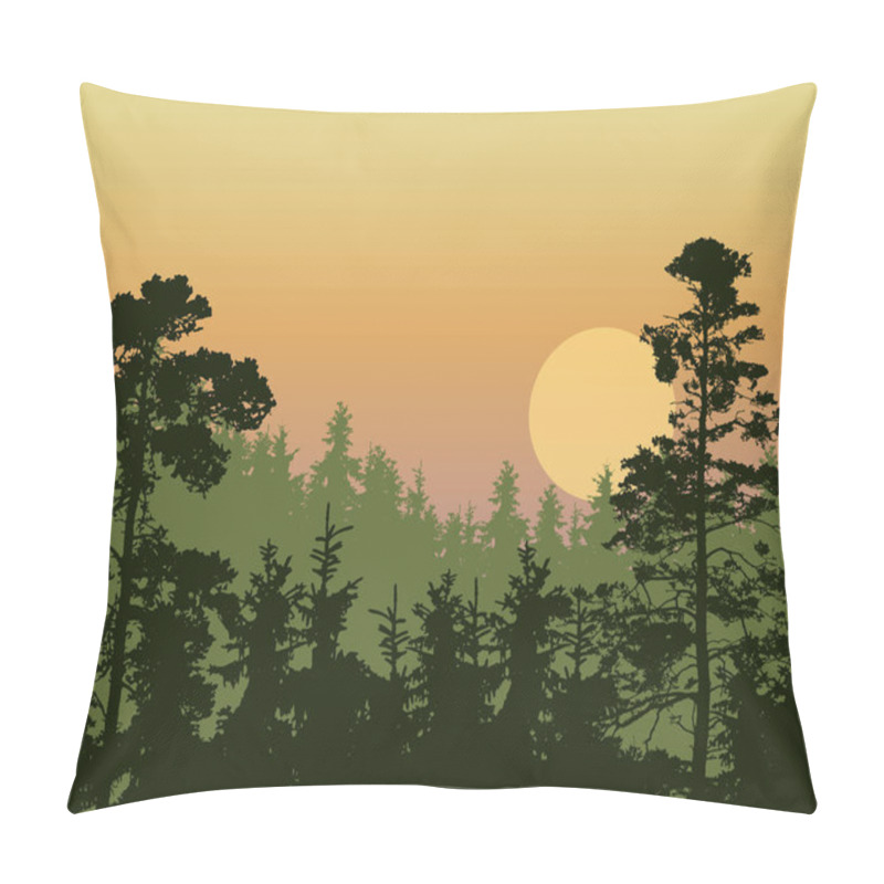 Personality  Vector Illustration Of A Dense Coniferous Green Forest On A Hill Under A Morning Or Evening Orange Sky With Red And Yellow Sunrise - With Multi-layer Effect And Space For Text Pillow Covers